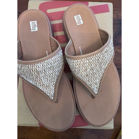 FitFlop Women’s 10 F-Mode Woven Raffia Platform Tan Toe Post Sandals NEW NIB - Picture 2 of 16